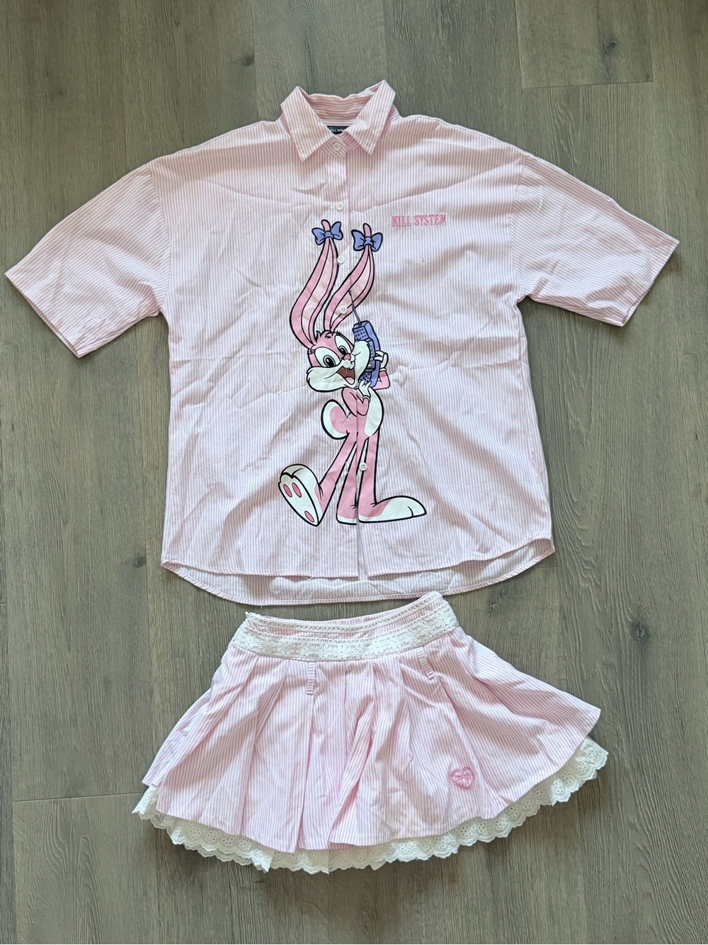 Pink Striped Shirt & Mini Skirt Set – Size XS